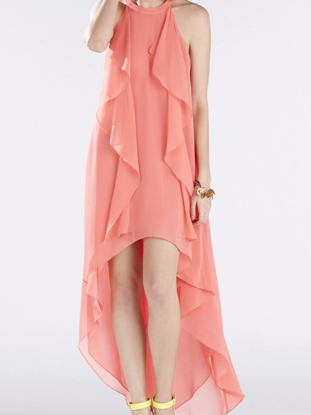 BCBGMaxAzria Coral Pink High-Low Ruffle Halter Maxi Dress